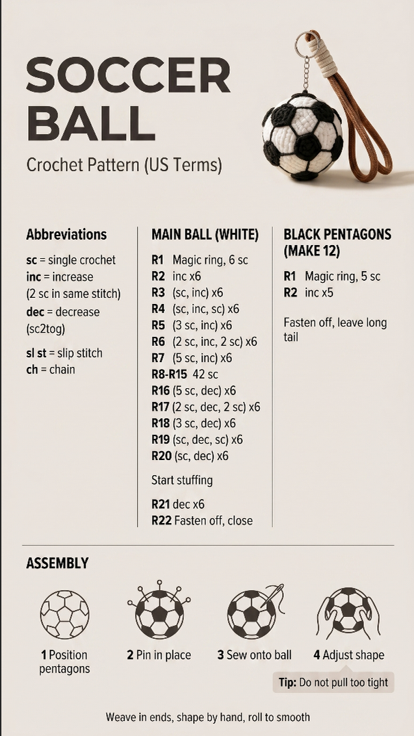 Crochet soccer ball pattern and assembly reference