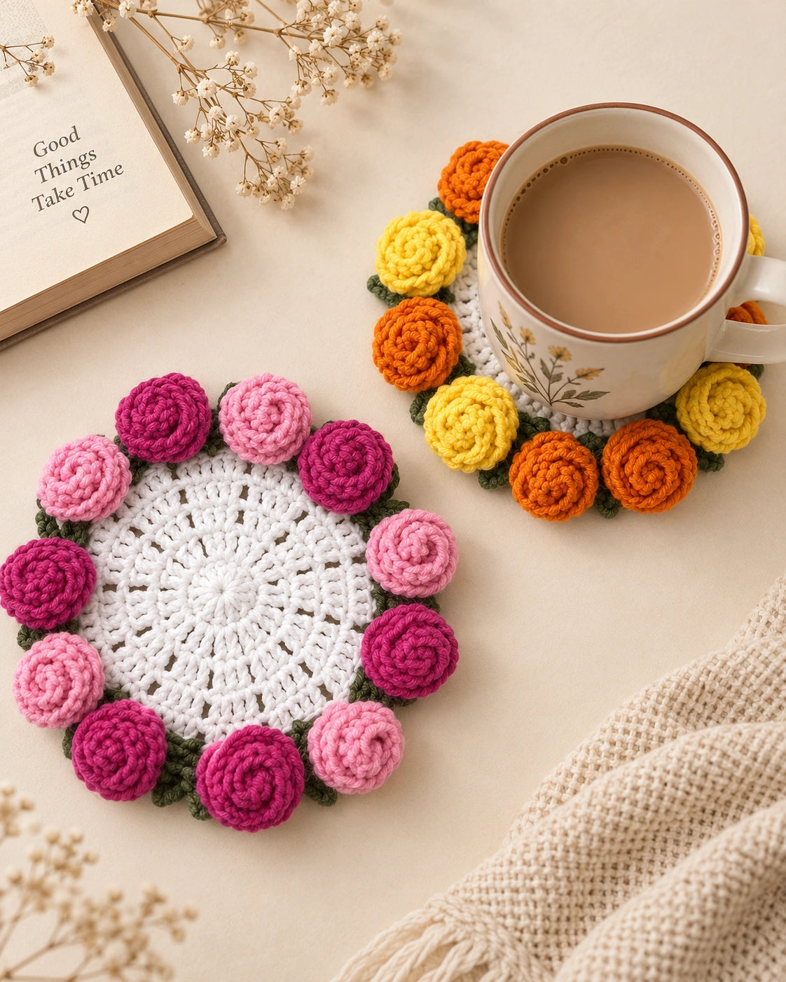 Handmade Crochet Rose Coaster — 2-in-1 Bouquet Decor