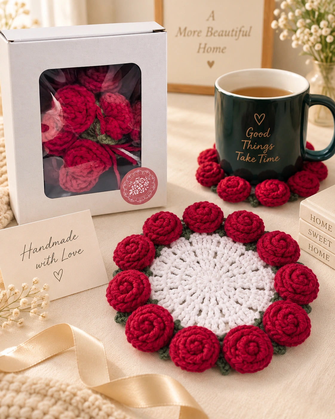 Handmade Crochet Rose Coaster — 2-in-1 Bouquet Decor