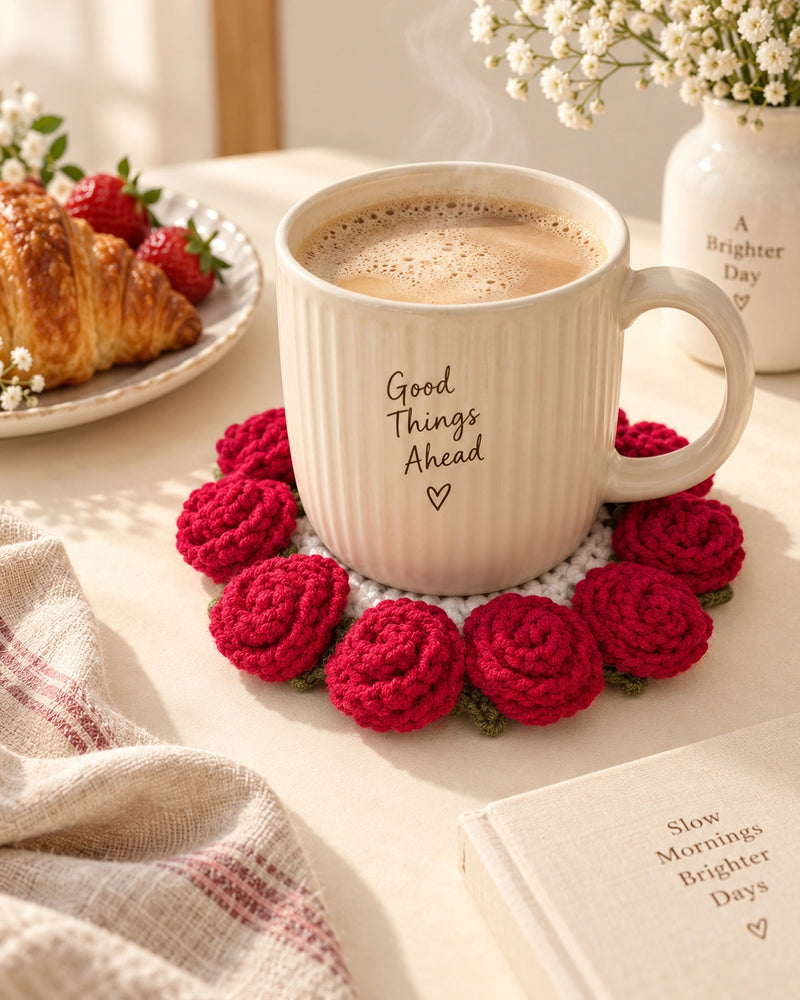 Handmade Crochet Rose Coaster — 2-in-1 Bouquet Decor
