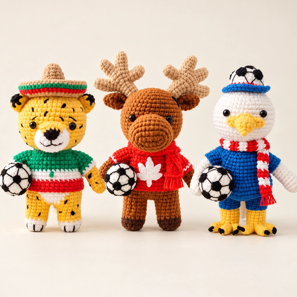 The complete Zayu, Maple, and Clutch crochet mascot trio