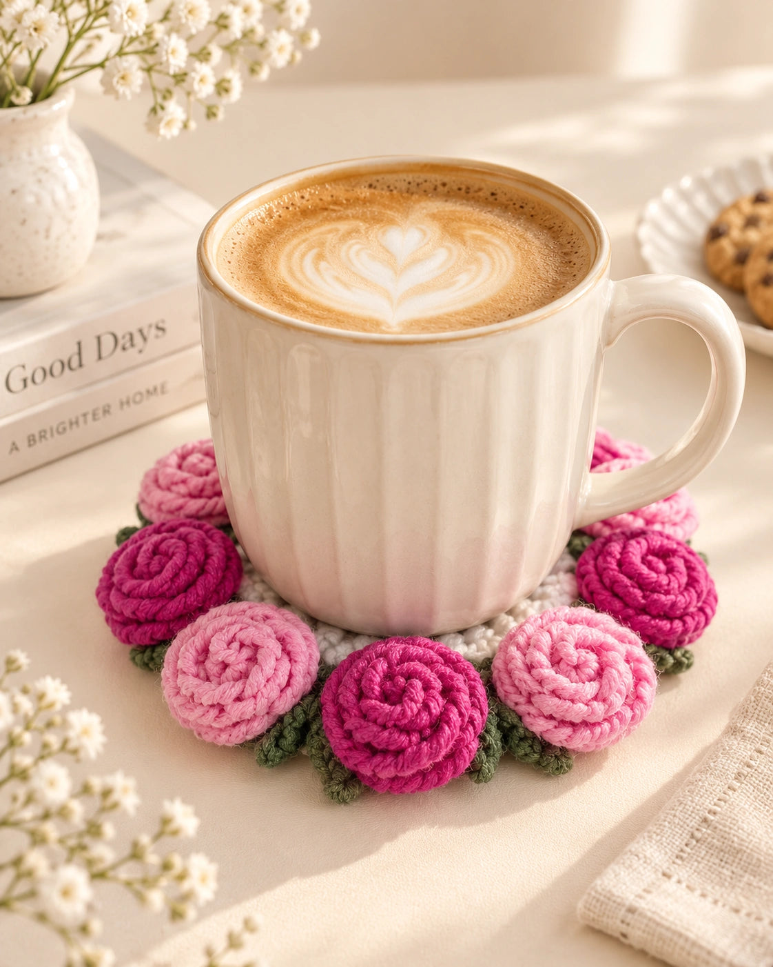 Pink crochet rose coaster beneath a ceramic mug on a light tabletop