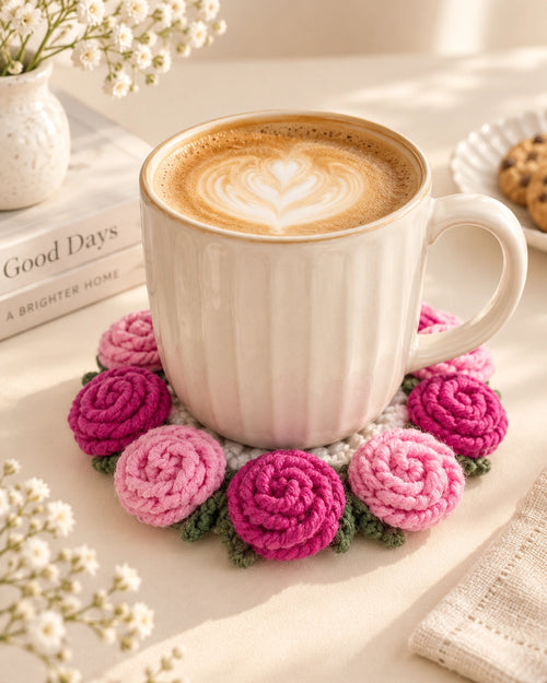 Handmade Crochet Rose Coaster — 2-in-1 Bouquet Decor